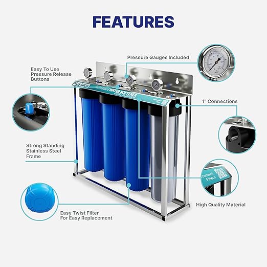 NU Aqua 4 Stage Salt Free Water Softener Whole House Water Filter System with Total Filtration - Includes Sediment, Heavy Metal KDF GAC, SoftGuard, Carbon Block Filters