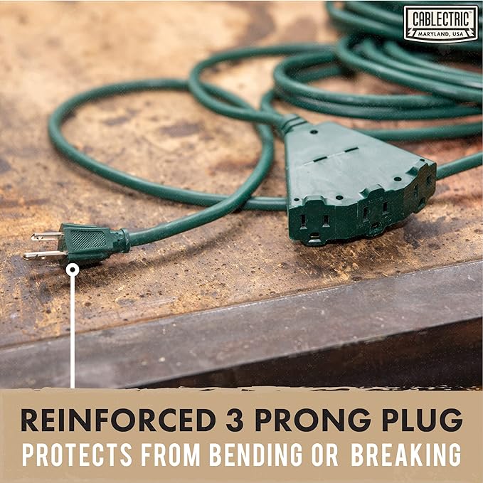25 ft Outdoor Extension Cord 3 Outlet, 16/3 SJTW Weatherproof Multiple Plugs Green Extension Cord 3 Prong, 13 Amp Exterior Power Cable Three Way Plug for Outside & Landscaping