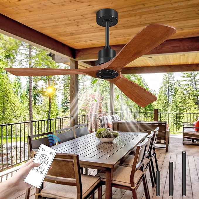 52 Inch Ceiling Fans Without Lights, Outdoor Ceiling Fan No Light with Remote, 3 Downrods, 3 Wood Blades, Timer, 6 Speeds Modern Ceiling Fan Noiseless Reversible DC Motor for Patios Porch Bedroom