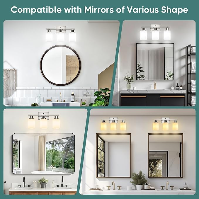 Ascher Bathroom Light Fixtures, 3-Light Vanity Light Over Mirror, Brushed Nickel Wall Sconces with Milky White Frosted Glass Shades, Wall Lamp for Living Room Bedroom, E26 Base(Bulbs Not Included)