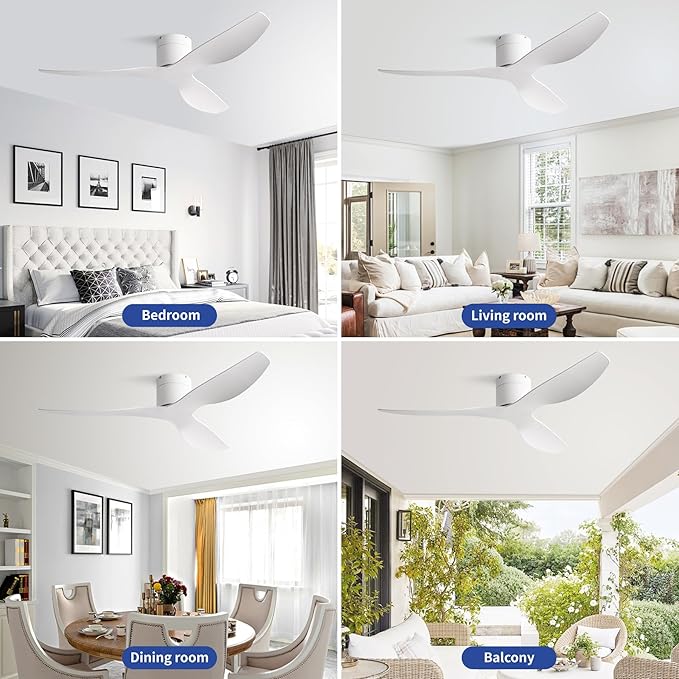 52-Inch White Ceiling Fan Without Light, Modern Low-Profile Flush Mount Fan with Remote, 6-Speed Reversible Quiet DC Motor,for Balcony, Living Room, Bedroom (No Light)