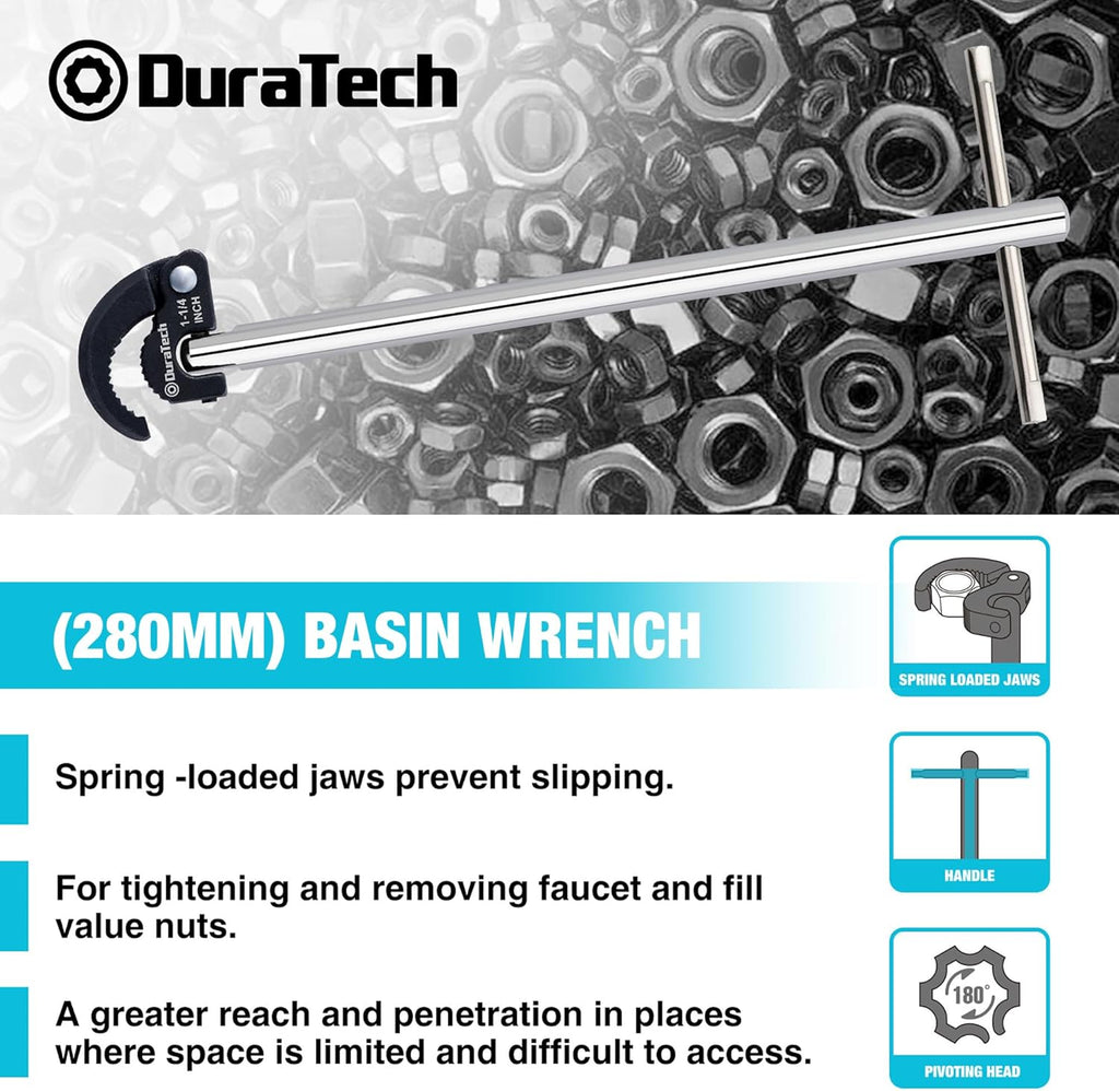 DURATECH 11" Basin Wrench, Sink Wrench, Adjustable Tap Nut Spanner Basin Spanner, Capacity of 3/8" to 1-1/4" for Fixing Back and Union Nuts Under Sink
