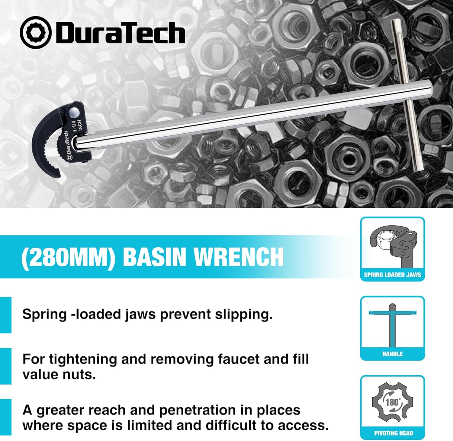 DURATECH 11" Basin Wrench, Sink Wrench, Adjustable Tap Nut Spanner Basin Spanner, Capacity of 3/8" to 1-1/4" for Fixing Back and Union Nuts Under Sink