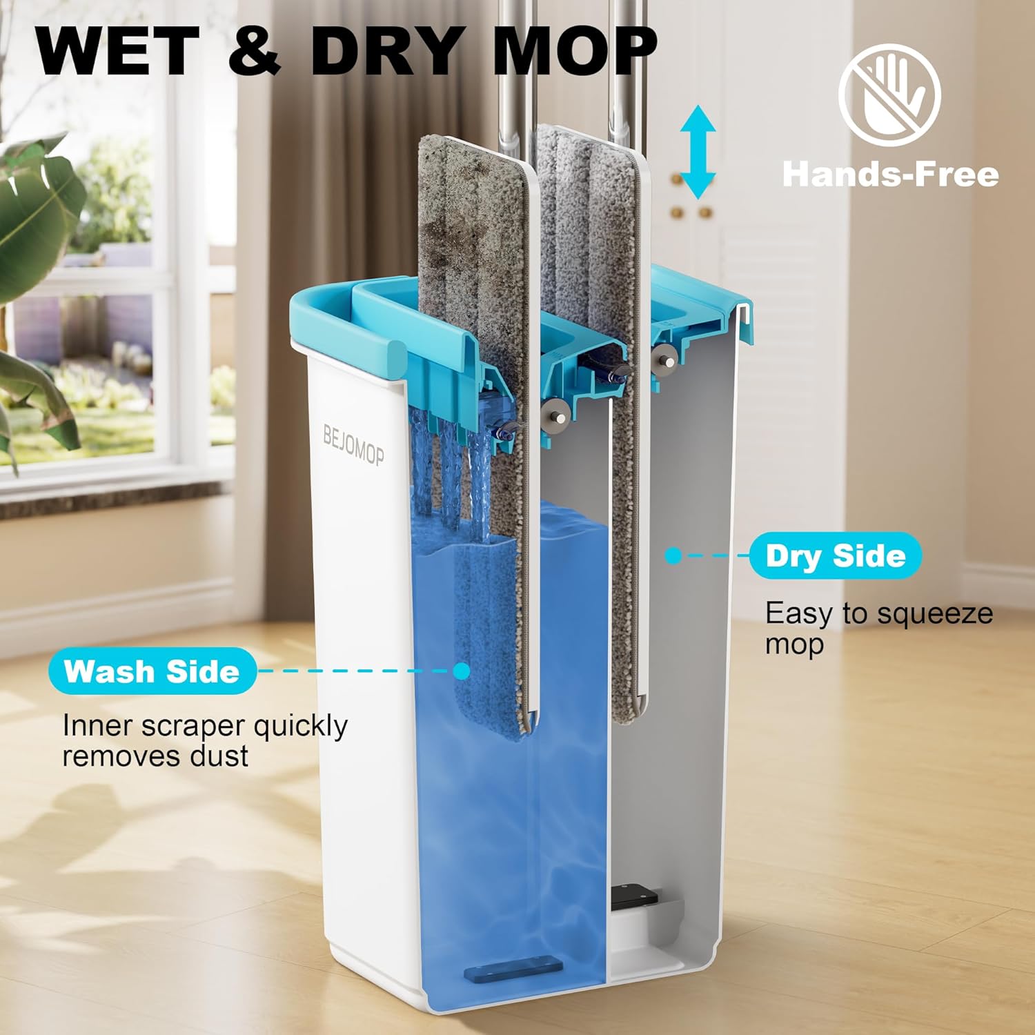 Mop and Bucket Set with Wringer, Dry & Wet Wall Mop Cleaner with Long Handle, Flat Squeeze Spin Dust Mop for Household Floor Cleaning with 4 Microfiber Mops, Turquoise-Cyan