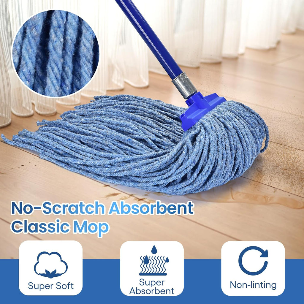 Matthew Cleaning Screw-on Heavy Duty Cotton Wet Mop Replacement Heads(Blue, Large,3Pack) with 2 Pack Microfiber Cloth for Residential & Commercial Floor Cleaning Use- Fit Standard American Screw