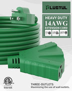PLUGTUL 25FT Outdoor Extension Cord with Multiple Outlets, 14 Gauge, 3-Outlet, SJTW, 15A 14AWG 1875W SJTW, ETL Listed - Great for Christmas Decoration Lights, Green