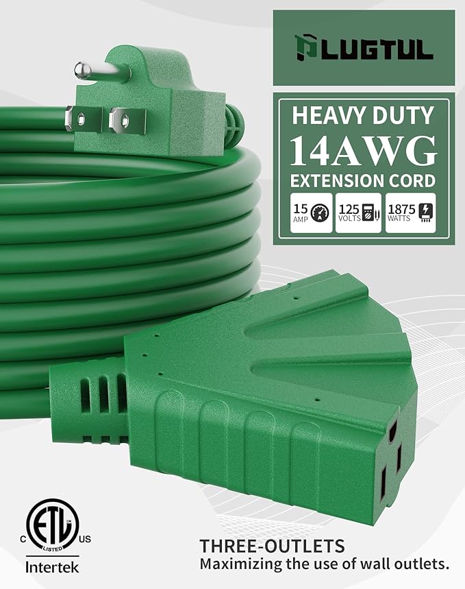 PLUGTUL 2FT Outdoor Extension Cord with Multiple Outlets, 14 Gauge, 3-Outlet, SJTW, 15A 14AWG 1875W SJTW, ETL Listed - Great for Christmas Decoration Lights, Green