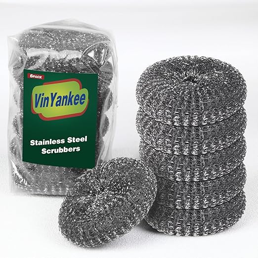 6PCS Steel Wool Scrubber Wire Sponge Set, Barbecue Grill Cleaning Scrubber Pads, Stainless Steel Scrubber Replacement for Scouring Messes from Cast Iron, Pots, Pans, Grill, Stoves, Sink (6 Pads)