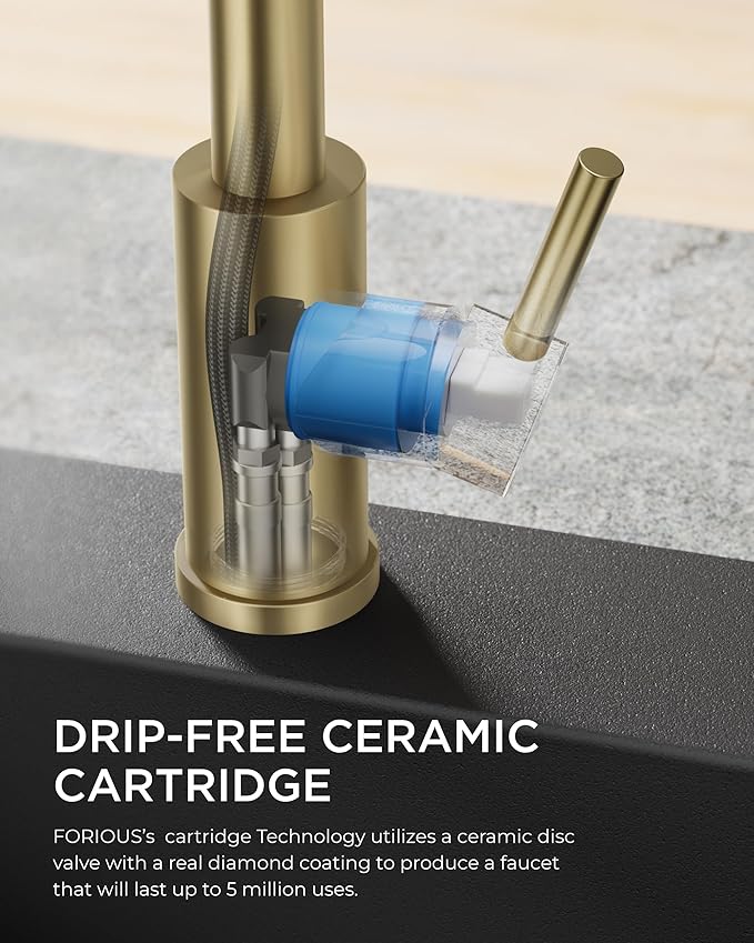 FORIOUS Kitchen Faucet with Soap Dispenser, Gold Stainless Steel Spring Sink Faucet with Pull Down Sprayer Transitional Single Handle for Pot Filler, Farmhouse Camper Bar Laundry Room