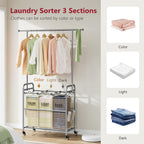 Tajsoon Laundry Hamper with Hanging Rack, 3 Section Laundry Sorter with Heavy Duty Lockable Wheels, Laundry Basket Organizer for Dirty Clothes Storage, 3 Beige