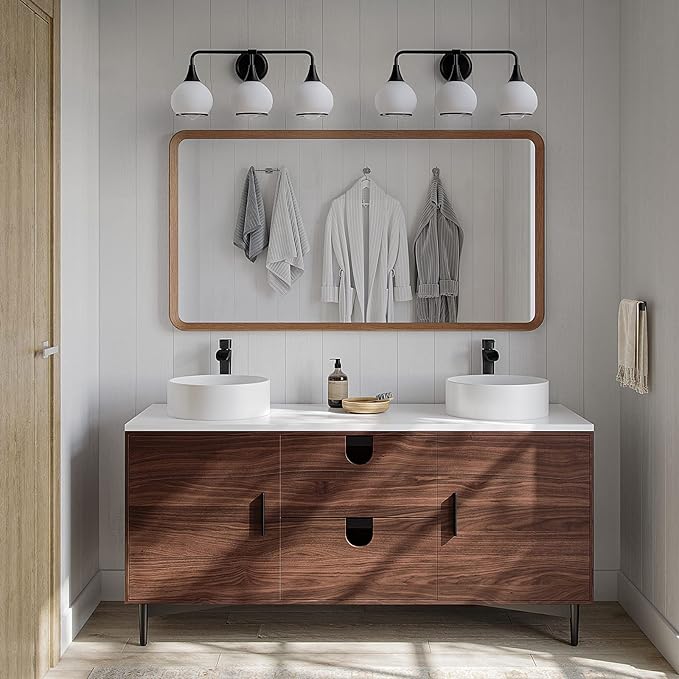 Black Bathroom Light Fixtures 3-Lights Vanity Lights with Milky White Frosted Glass Shade Bathroom Vanity Light 22.4 inch Wall Sconce Lighting Bath(Exclude E26 Bulb)