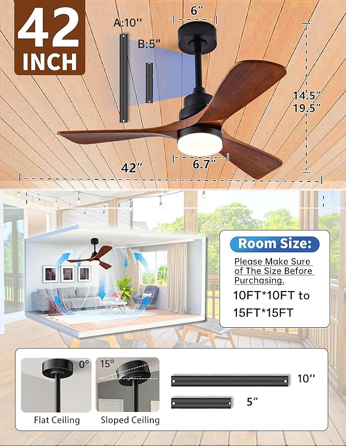 42 Inch Wood Ceiling Fans with Lights and Remote,Outdoor Ceiling Fan for Patios with Dimmable Led Light,Walnut 3 Blades,Memory Modern Fan for Living Room,Office,Indoor