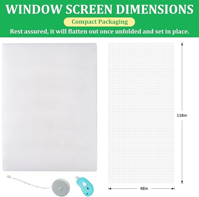 Windows Screen Replacement and Screen Door Repair Kit, 6Pcs Window Screen Fiberglass Mesh Kit - Window Screen & Screen Door Mesh & Screen Porch Repair Kit (White, 48" x 118")