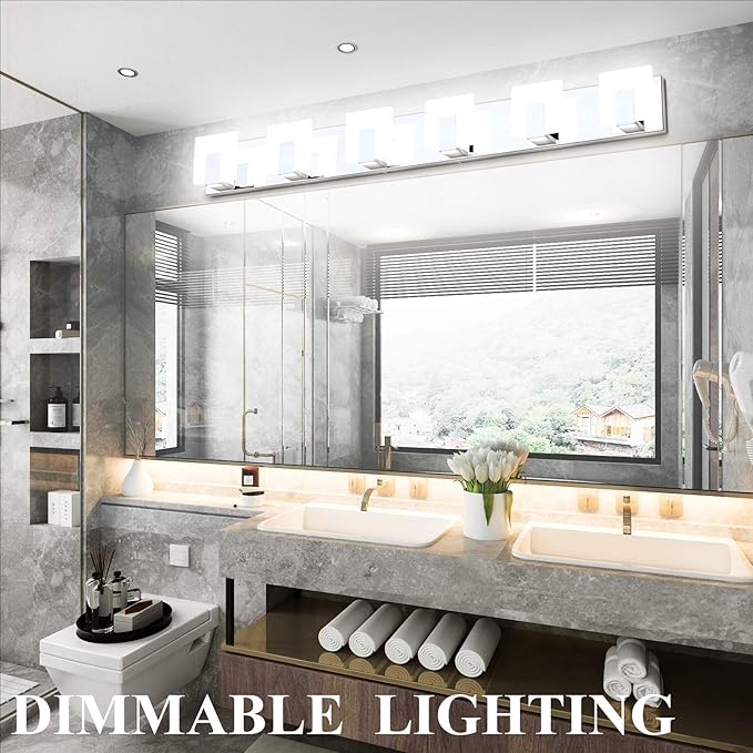 Aipsun 6 Lights Dimmable Modern LED Bathroom Vanity Light Acrylic Stainless Steel Chrome Up and Down Bathroom Wall Light Over Mirror(White Light 6000K)