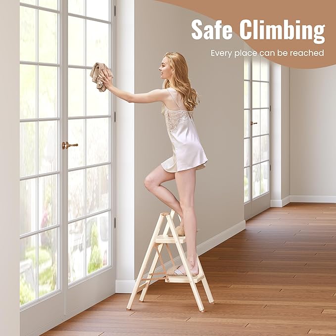 GameGem 2 Step Ladder, 2 Step Stool for Adults, Folding Step Ladder with Secure Footing, Widened Pedal, Aesthetically Pleasing Looking, Blends Right into Domestic Rooms, Cream Chocolate