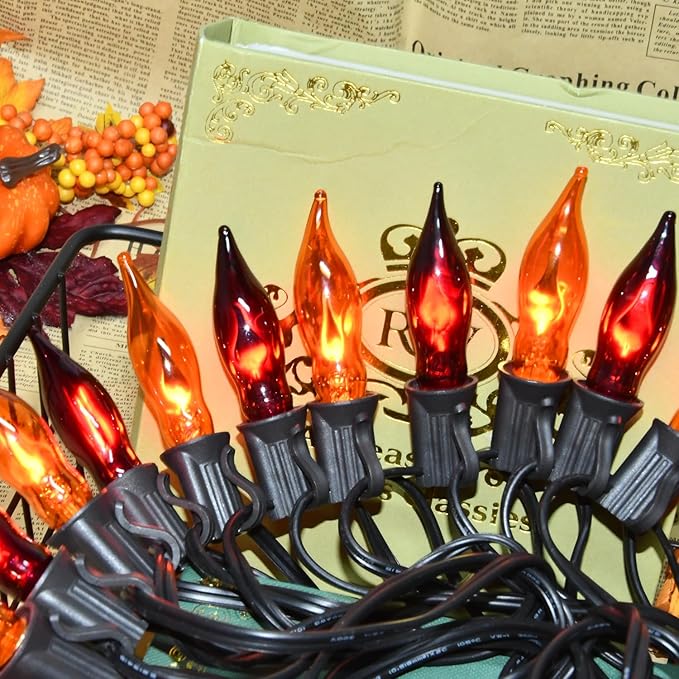 27.78 FT Halloween Ligths, C7 Clear Orange and Purple Flickering Flame String Lights Outdoor, E12 Screw Base, Flame String Lights for Fall Decor Halloween Decorations Outdoor Indoor Home Patio Party