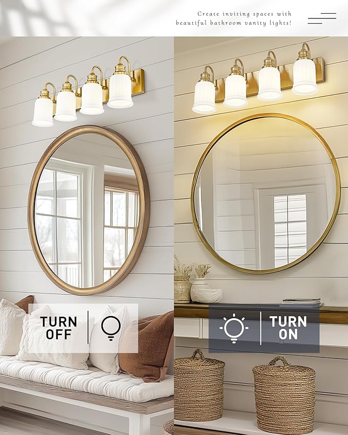 Bathroom Light Fixtures 4-Lights, HWH Brushed Gold Vanity Light Modern Bathroom Vanity Lights Over Mirror, 26'' Antique Brass Vanity Light with Frosted White Bell-Shaped Fluted Glass, 5HZG106B-4W BG