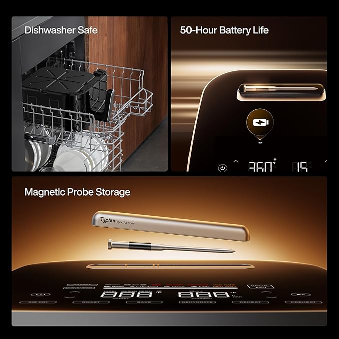 Typhur 8QT Sync Air Fryer with Built-in Wireless Meat Thermometer, 9-in-1 Smart Airfryer with Ceramic Nonstick Basket for Quick Easy Meals, 450°F Max, Cooks 6lb Whole Chicken, Dishwasher Safe, 120V