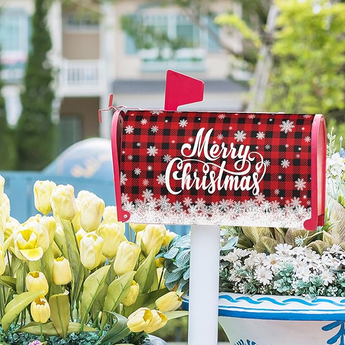 Kawani Merry Christmas Mailbox Cover Winter Snowflake Red Black Buffalo Plaid Christmas Decorative Mailbox Cover Magnetic Standard Size 21x18 Inch Xmas Post Box Cover Wraps for Garden Yard Decor