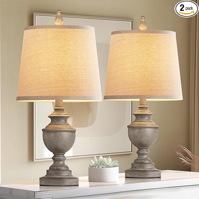 PARTPHONER Retro Table Lamps Set of 2, Bedside Lamp for Bedroom Rustic Farmhouse Table Lamps for Living Room, 22" Vintage Nightstand Lamps with White Shades, Antique Grey