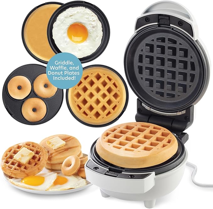 3 in 1 Mini Breakfast Maker- Make Mini Waffles Donuts Pancakes or Eggs all in 1 Multi Use Appliance- Easily Swap & Clean Interchangeable Griddle Plates- Small Electric Nonstick Holiday Baker Xmas Gift