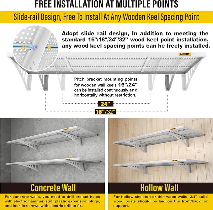 2-Pack 1.64x4ft Adjustable Garage Wall Shelving 560lbs Load Capacity Heavy Duty Wall Mounted Storage Shelf Metal Floating Shelves for Garage(White)