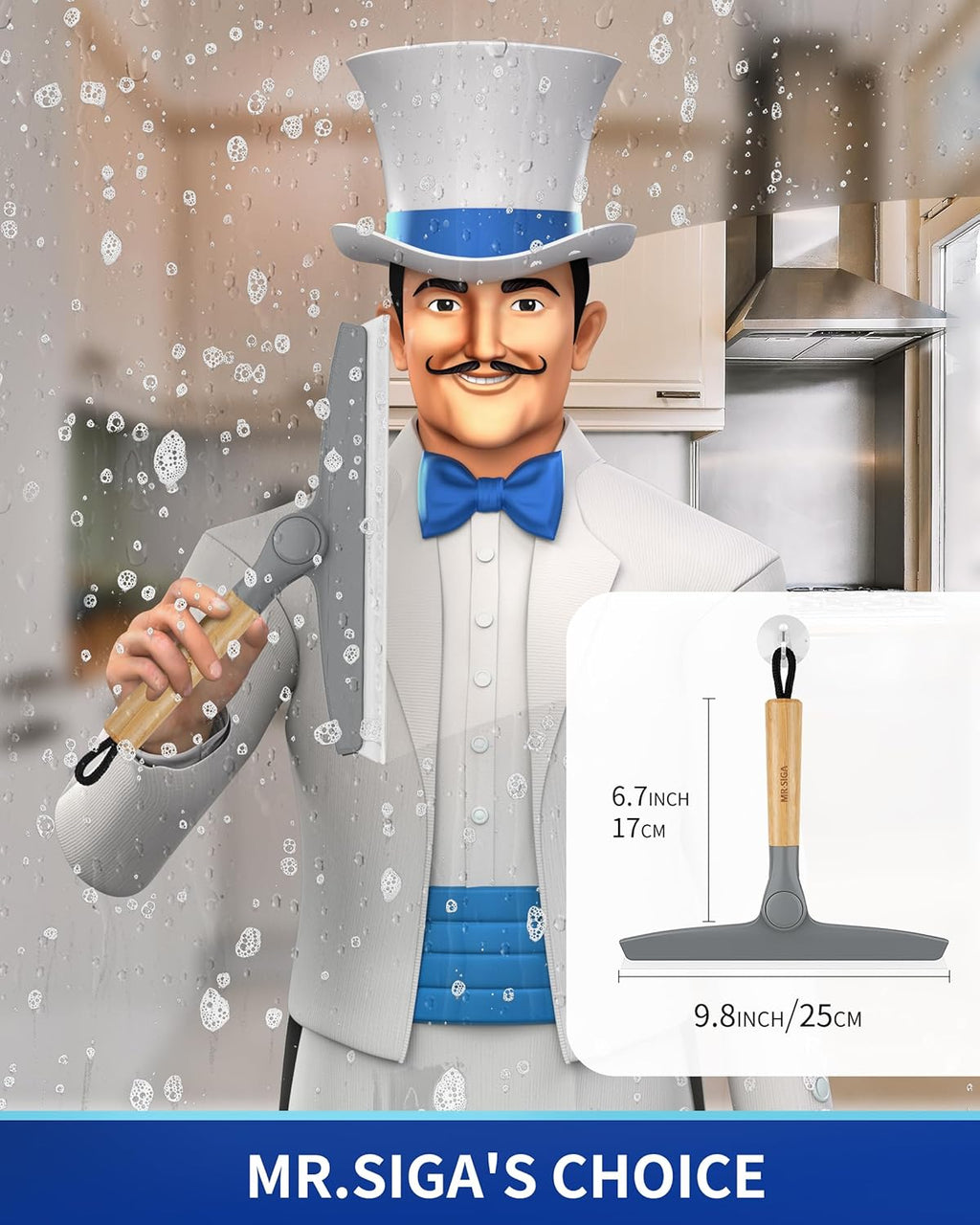 MR.SIGA All Purpose Silicone Squeegee for Shower Door, Mirror, Glass, Streak Free Shower Squeegee, Pivoting Bamboo Handle, Includes 1 Suction Hook, 10 inch Wide, Gray, 1 Pack