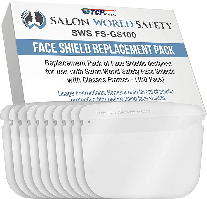 TCP Global Salon World Safety Replacement Face Shields Only (10 Packs of 10), Glasses Frames Not Included – Fits Most Brands, Ultra Clear, Full Face, Protect Eyes Nose Mouth, Anti-Fog PET Plastic