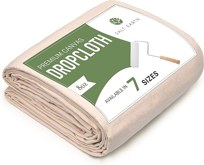 Canvas Drop Cloth by Salt Earth, Pack of 1 Reusable Paint Drop Cloth, 100% Recycled Cotton, All Purpose Painters Drop Cloth, Cotton Canvas Tarp Cover for Painter Furniture & Floor Protection (5x5 FT)
