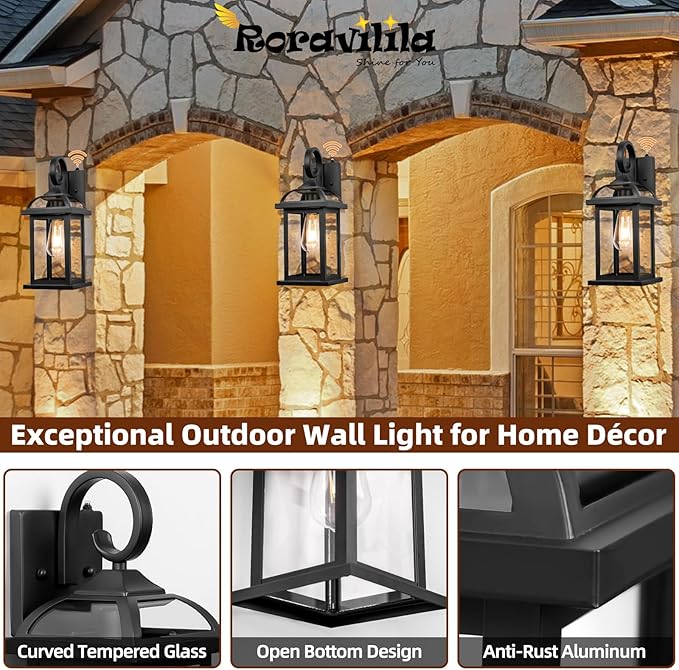 2-Pack Outdoor Wall Lights Dusk to Dawn, 15 Inch Aluminum Anti-Rust Exterior Light Fixture with IP65 Clear Tempered Glass Large Outside Wall Sconce Lanterns for House Matte Black