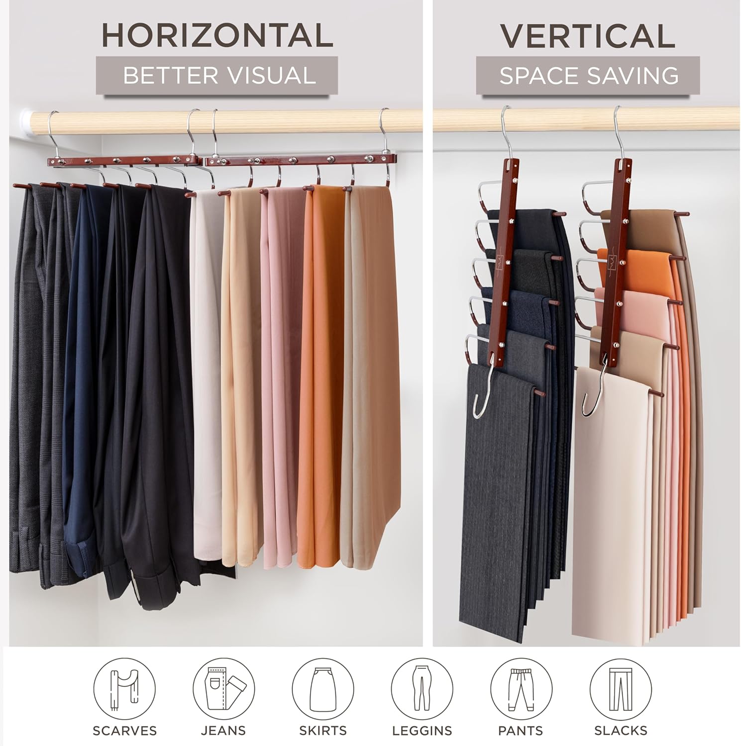 MORALVE Pants Hangers Space Saving - 2 Pack European Beechwood Scarf and Jean Hangers - Closet Organizer and Space Saver Pant Rack, Leggings Hanger, and Scarf Holder with 360° Swivel Hook