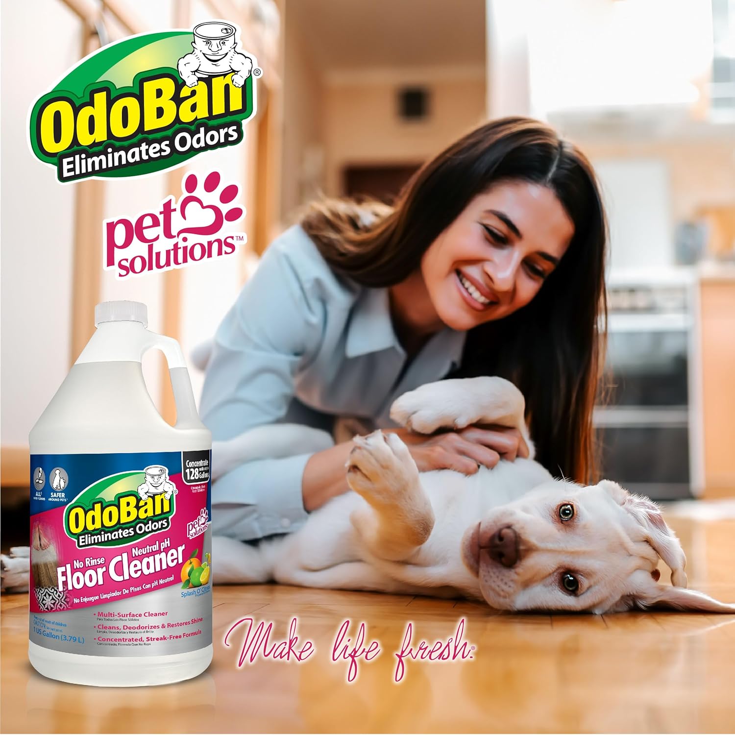 OdoBan Pet Solutions No Rinse Neutral pH Floor Cleaner Concentrate, Made in the USA, Splash O' Citrus Scent, 3 Gallons
