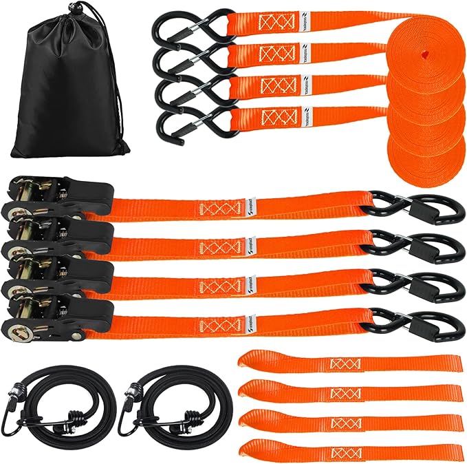Ratchet Tie Down Straps 4 Pack -15 FT - 2200 LB Heavy Duty Srap for Trucks Cargo Ropes Tie Down Ratchet Rope Set Truck Bed with Safety Lock S Hooks Moving Hold Down-Orange