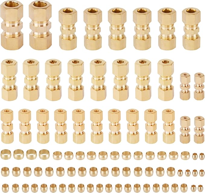 90PCS Brass Tube Pipe Fittings Kit, Nylon Tubing Fittings Assortment 1/8" 3/16" 1/4" 3/8" 1/2" OD Compression Union Straight Connector & Sleeves Ferrules for Truck Airlines and Industrials