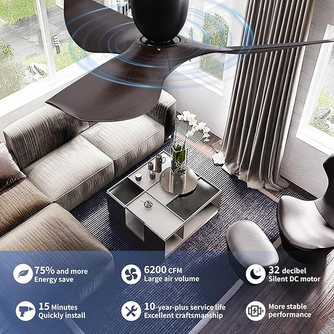 52-Inch Black Ceiling Fan Without Light, Modern Low-Profile Flush Mount Fan with Remote, 6-Speed Reversible Quiet DC Motor,for Patio, Living Room, Bedroom (No Light)