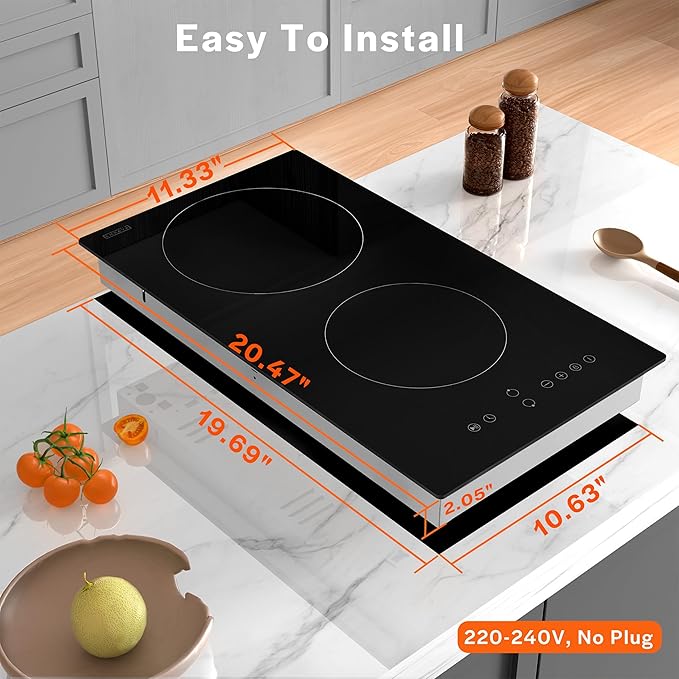 Empava 3000W Cooktop 2 Burner, Built in Infrared Electrical Stove Top for Kitchen 208~240V Hard Wired, No Plug, ETL Certified, Black, 12 Inch Radiant