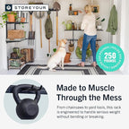 StoreYourBoard Wall-Mounted Rack With 4 Garage Hooks – Heavy-Duty Steel Holder Garage & Garden Storage for Shed, Workshop, or Home Organization – For Rakes, Shovels, Tools & More – 1 Pack, Deep Water