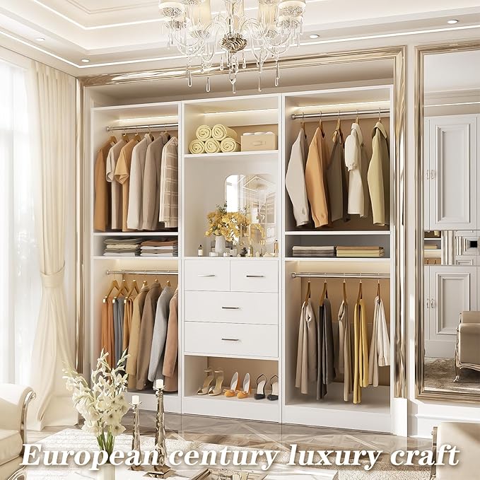 Unikito 75 Inch Closet System with 4 Drawers, 6.3FT Walk in Closet Organizer with Hanging Rods and Mirror Design, Reversible Large Closet Wardrobe with Shelves, Adjustable Closet Tower, White