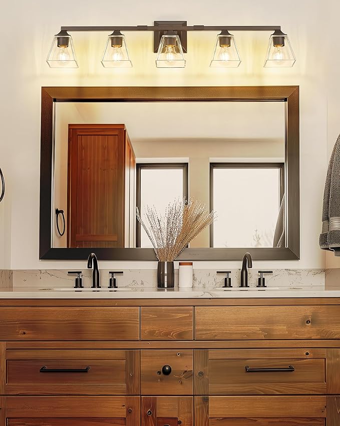 Bronze Bathroom Light Fixtures, HWH 5-Light Farmhouse Bathroom Lighting Fixture Over Mirror, Vanity Wall Sconce Oil-Rubbed Bronze with Square Glass Shade, 5HY68B-5W ORB