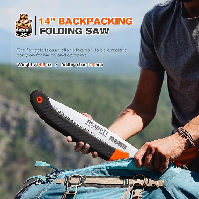 REXBETI Folding Saw, 14 Inch Blade for Dry Wood Trimming and Pruning, 4 Cutting Angles, SK-5 Steel