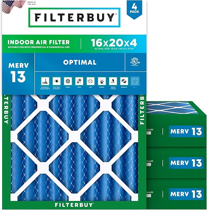 Filterbuy 16x20x4 Air Filter MERV 13 (MPR 1900) Health Defense Replacement (4-Pack), Electrostatic Pleated HVAC AC Furnace Filters, Made in USA (Actual Size: 15.50 x 19.50 x 3.63)