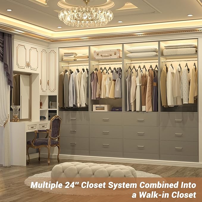 Closet System Set of 2, 4FT Closet Systems with 6 Wood Drawers, 48" Closet Organizer System with 2 Hanging Rods & 2 Shelves, Heavy Duty 48 Inch Walk-in Closet, Grey (48"L x 15" W x 80" H)