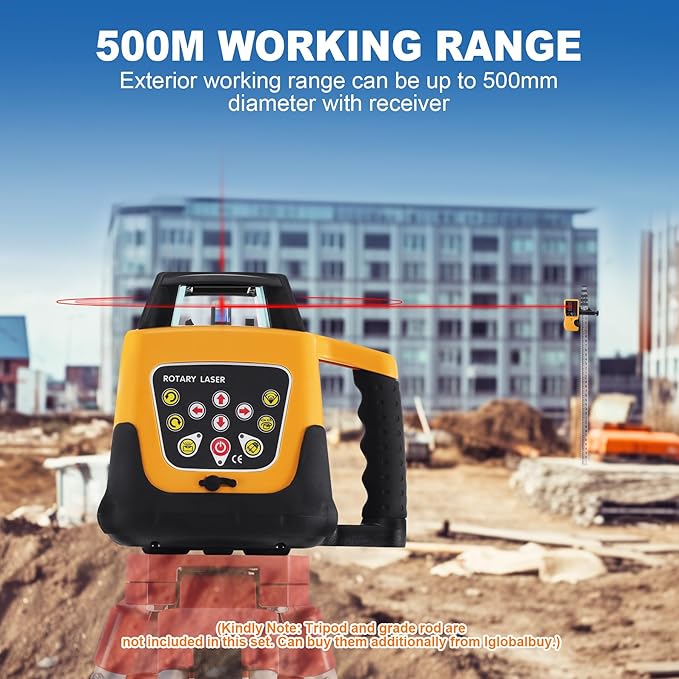 Iglobalbuy Automatic Self-Leveling Rotary Laser Rotating Horizontal & Vertical Laser Level Kit 500M w/Remote Control + Receiver, Leveling Transit Laser Level Red Beam for Construction (Rotary Laser)