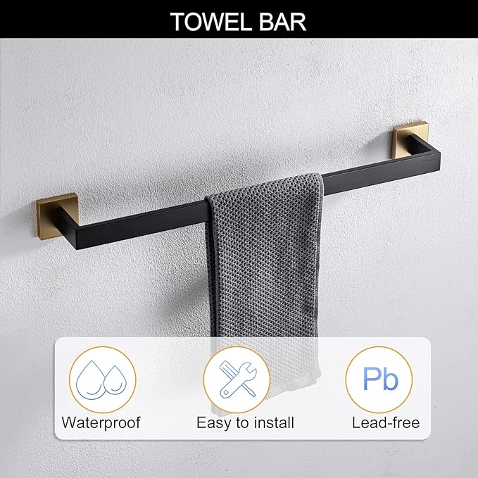 TNOMS 5 Pieces Bathroom Hardware Accessories Set Black and Gold Towel Bar Set,Wall Mounted Stainless Steel,23.6 Inch