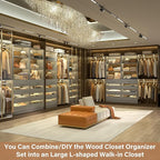 Aheaplus Closet System with 8 Wooden Drawers, Wood Closet Organizer System with Tower, Walk-in Closet Organizer Wardrobe Clothes Rack with 4 Hanging Rods, Garment Rack, Cut to Fit 7-12Ft, Grey