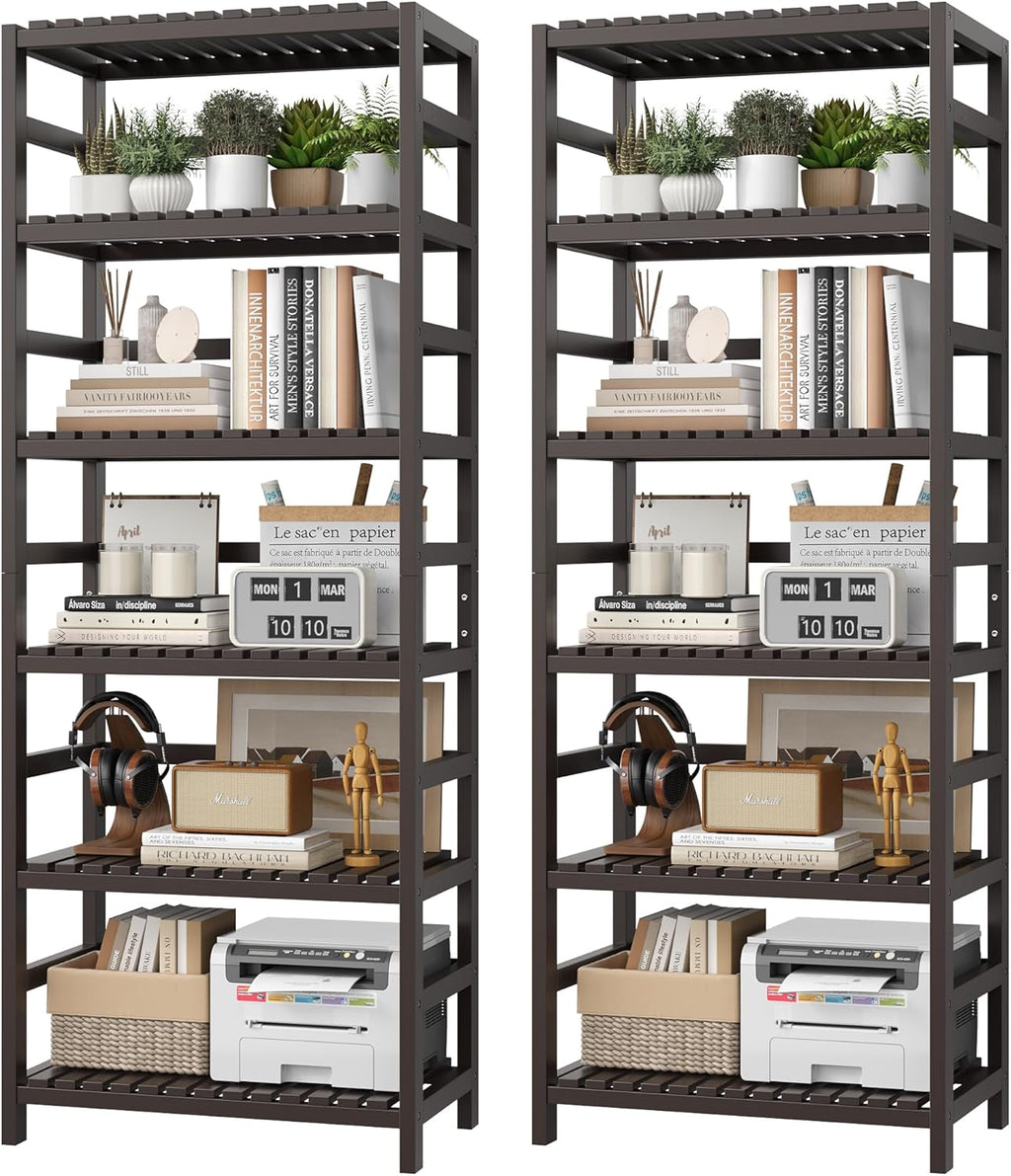 FOTOSOK 6-Tier Bamboo Shelf Set of 2, Bamboo Bookcase with Adjustable Shelves, Free Standing Storage Shelf Unit and Plant Flower Stand, Tall Large Bookshelf for Kitchen, Bathroom, Home Office, Vintage