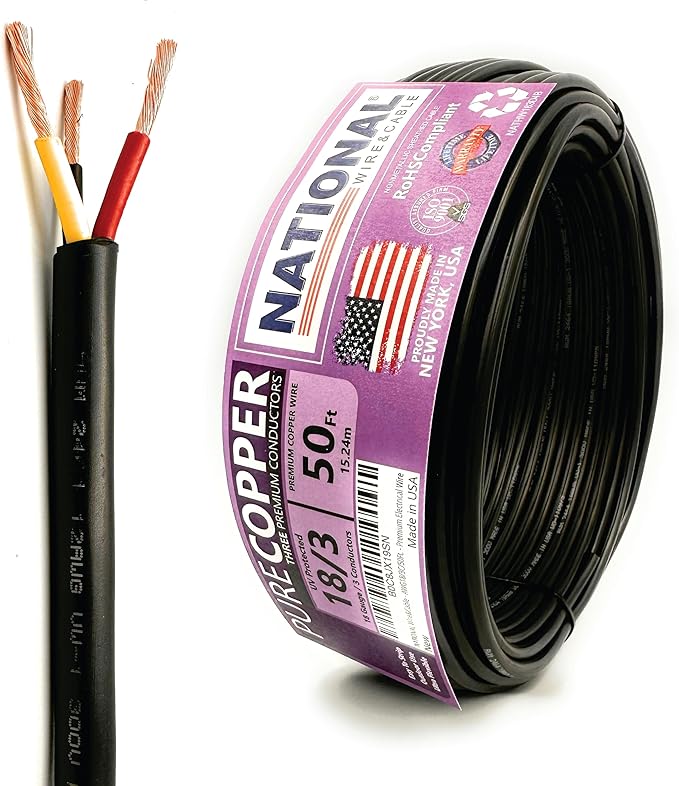 NATIONAL Wire & Cable – 18 AWG 3-Conductor Premium Copper Wire, 50 ft, Stranded | Made in USA, Flexible Jacket | LED Strips, Electronics, Low Voltage, DIY Projects, Indoor and Outdoor Use
