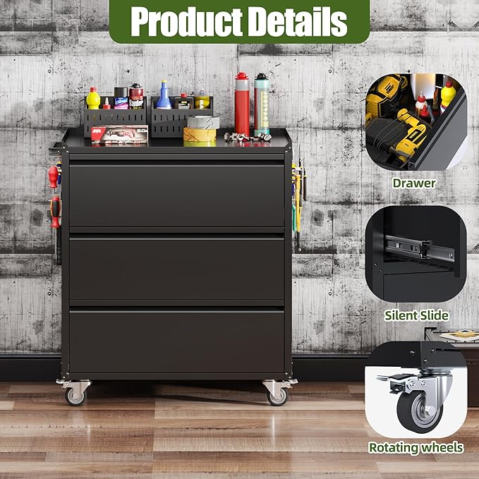 Garage Storage Cabinet with Wheels and Pegboard, Metal Rolling Tool Storage Cabinet with 3 Drawers for Garage, Home, Warehouse, Basement, Assembly Required, Black