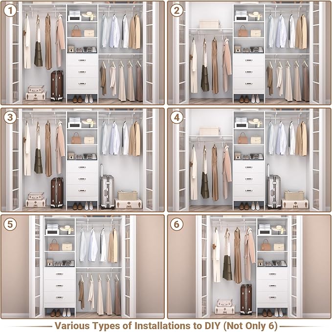 Closet System with Drawer - 8FT Wood Closet Organizer System with 3 Hanging Rods and Shelving Tower, 96" Walk In Closet Organizer Wardrobe, Heavy Duty Garment Rack Clothes Rack, White