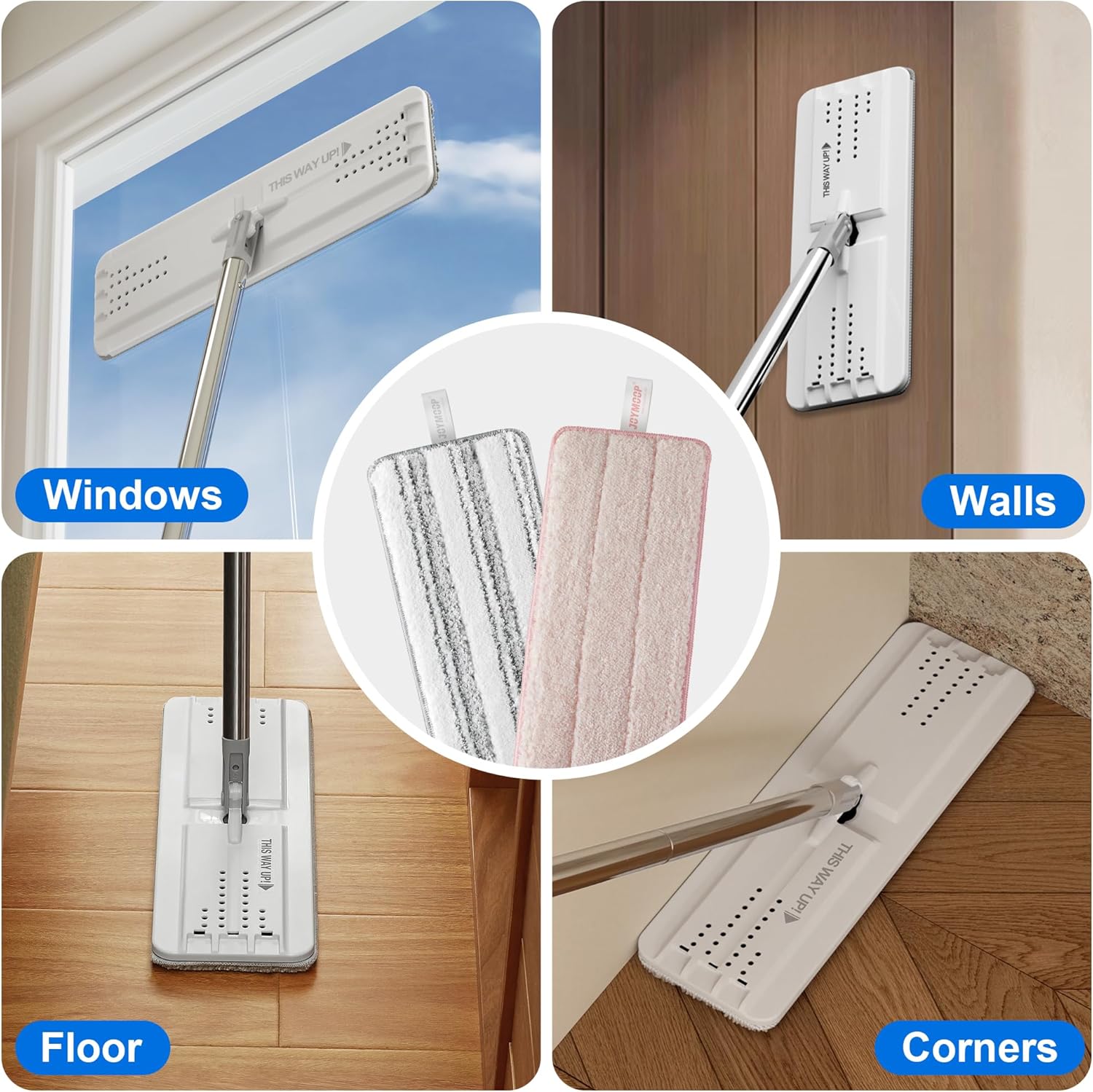 JOYMOOP Mop Replacement Pads, Reusable Microfiber Mop Pads for 13-inch Flat Mop and Mop Bucket Set, Pack of 4 Refills - Stripe and Pink